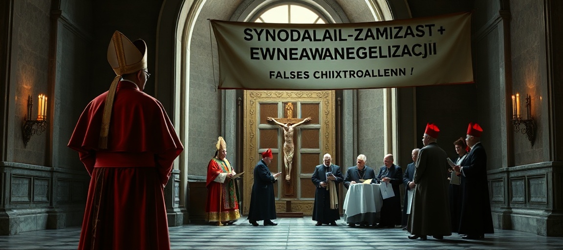 Biskup w tradycyjnych szatach liturgicznych przed zamkniętymi drzwiami kościoła, symbolizując odrzucenie herezji synodalnej