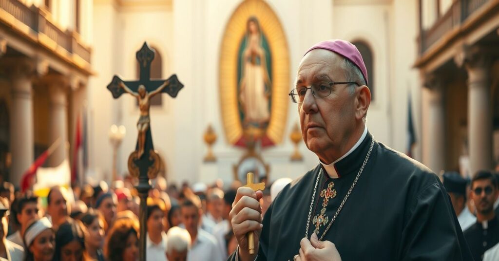 Biskup w tradycyjnym stroju stoi przed tłumem na placu meksykańskim z krzyżem w ręku, podczas gdy na tle widnieje ikona Matki Bożej z Guadalupe. Jego poważna twarz odzwierciedla tragedię przemocy kartelowej i apostazję współczesnych przywódców kościelnych.
