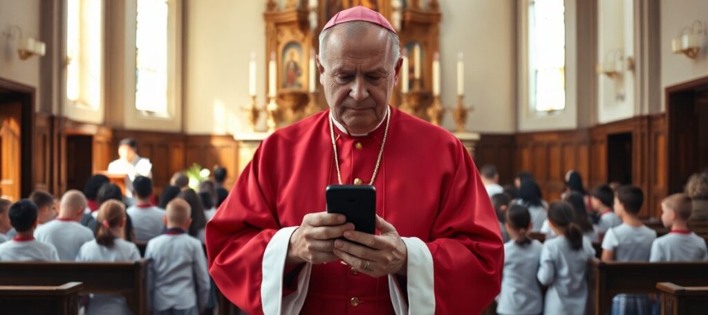 Kardynał w tradycyjnym stroju liturgicznym trzyma telefon z wyraźnym wzrokiem na dzieci modlące się w kościele