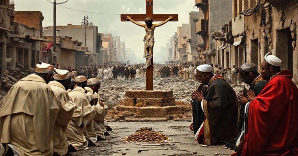 Grupa tradycyjnych biskupów katolickich w liturgicznych szatach modli się przed krzyżem na tle zniszczonego Sudanu. Scena jest smutna, z ruinami i cierpiącymi cywilami w tle, symbolizując tragedię Sudanu.