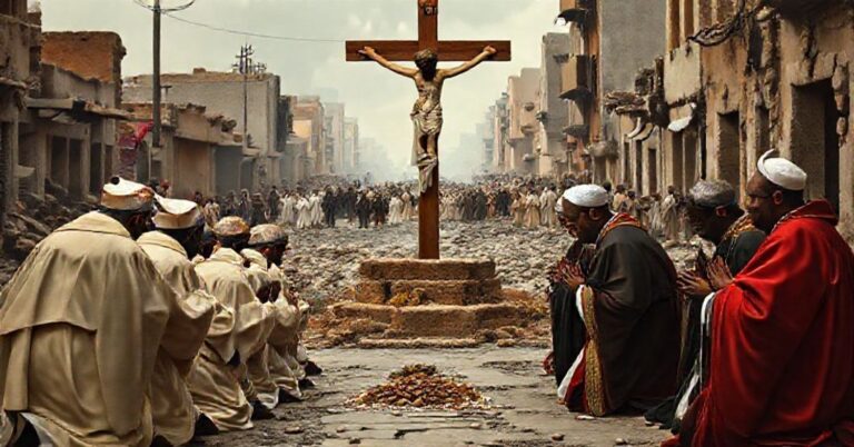 Grupa tradycyjnych biskupów katolickich w liturgicznych szatach modli się przed krzyżem na tle zniszczonego Sudanu. Scena jest smutna, z ruinami i cierpiącymi cywilami w tle, symbolizując tragedię Sudanu.