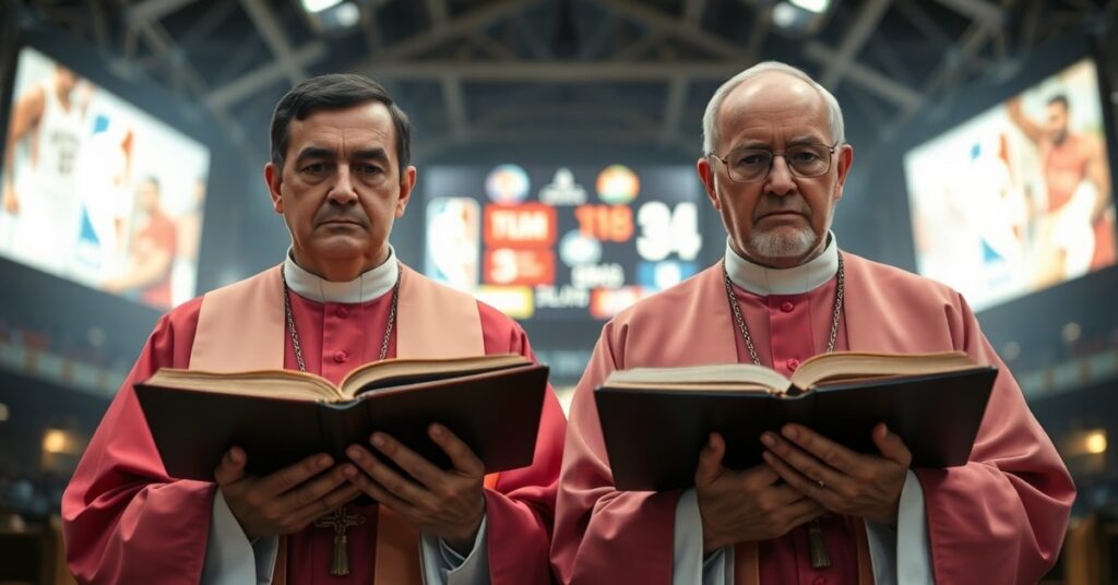 Dwaj biskupi w tradycyjnych szatach liturgicznych stoją w ciemnym wnętrzu kościoła z wyraźnym smutkiem na twarzach, na tle rozmytego stadionu NBA.