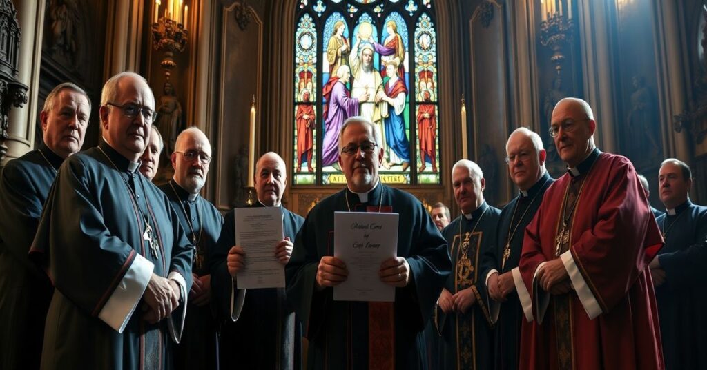 Grupa biskupów w tradycyjnych sutannach przed ołtarzem w amerykańskiej katedrze, trzymająca dokument dotyczący obywatelstwa urodzeniowego.