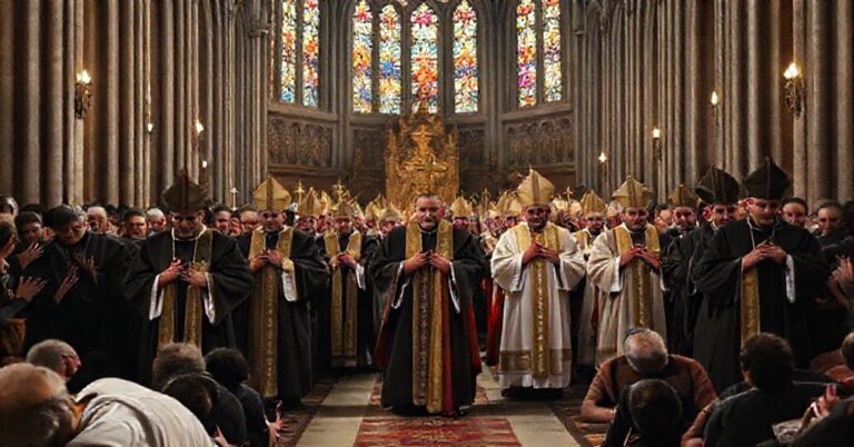 Grupa biskupów w tradycyjnych szatach liturgicznych prowadzących modlitewny marsz pokutny w katedrze. Wierni klęczą w głębokiej modlitwie.
