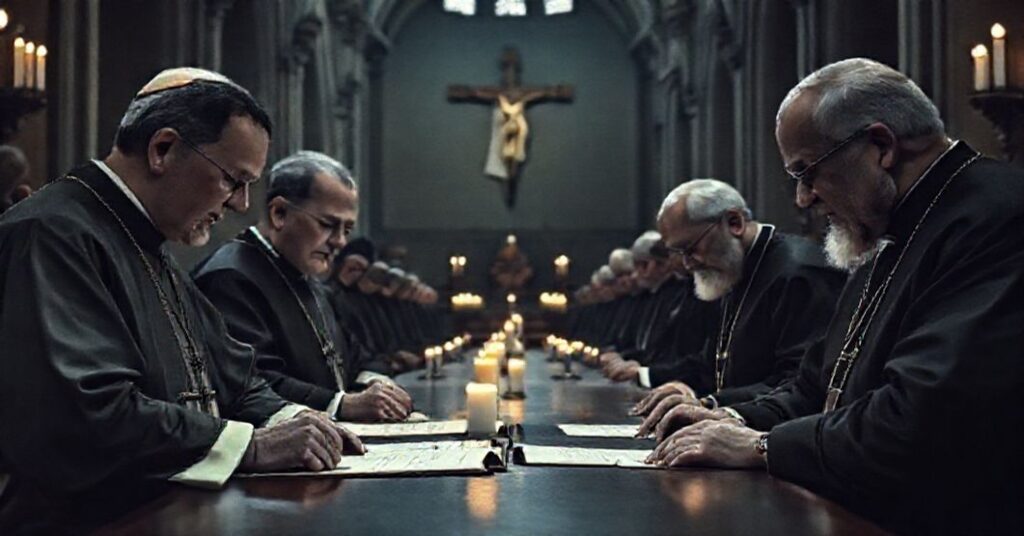 Grupa biskupów polskich w tradycyjnych szatach liturgicznych podczas spotkania z niemieckimi biskupami w 1965 roku w katedrze. Scena jest poważna i pełna symboliki religijnej.