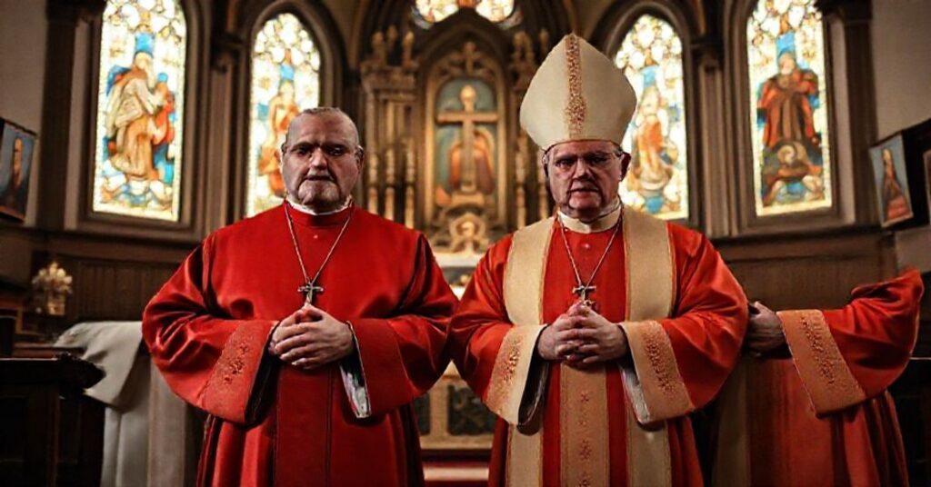 Portret biskupów polskich w tradycyjnych szatach liturgicznych przed ołtarzem kościoła, symbolizujący fałszywe przebaczenie z biskupami niemieckimi w 1965 roku.