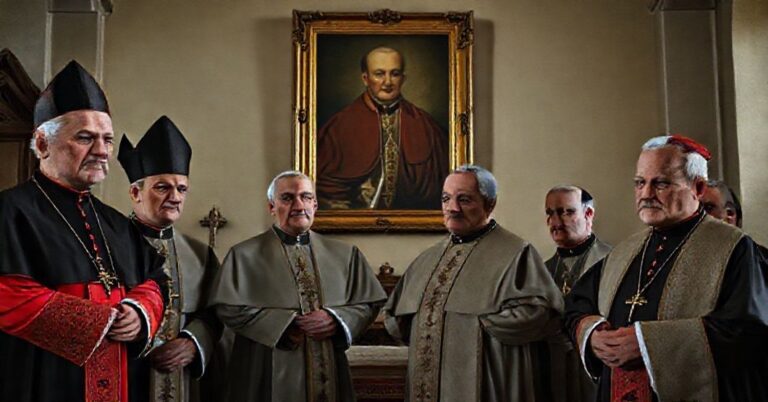 Grupa biskupów w tradycyjnych ornatach przed kościołem w Polsce, z portretem Piusa XI w tle i współczesnymi symbolami modernizmu.