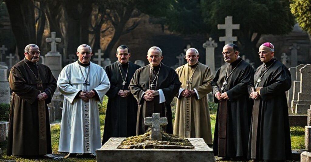 Grupa biskupów posoborowych stoi u grobu Jana Skoluda na cmentarzu Campo Santo Teutonico w Rzymie. Scena podkreśla kontrast między tradycyjną architekturą katolicką a nowoczesnymi elementami ich stroju.