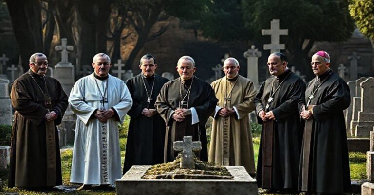 Grupa biskupów posoborowych stoi u grobu Jana Skoluda na cmentarzu Campo Santo Teutonico w Rzymie. Scena podkreśla kontrast między tradycyjną architekturą katolicką a nowoczesnymi elementami ich stroju.