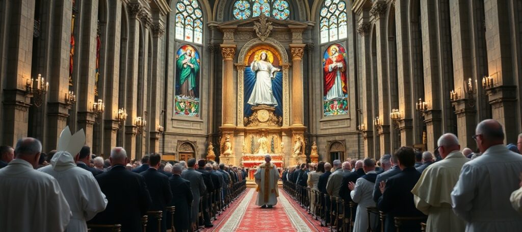 Biskupi w tradycyjnych szatach liturgicznych klęczą przed monumentem Najświętszego Serca Pana Jezusa w katedrze, otoczeni modlącymi się wiernymi.