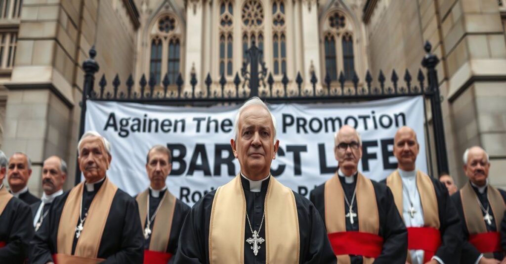 Grupa biskupów w tradycyjnych szatach kościelnych protestujących przed bramą Uniwersytetu Notre Dame.