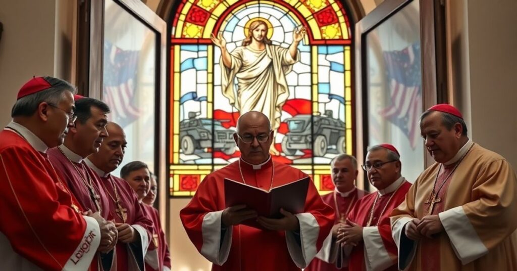 Grupa biskupów w tradycyjnych szatach liturgicznych stoi w kościele w Puerto Rico, wyrażając głęboką troskę podczas czytania oświadczenia potępiającego zaangażowanie wojskowe USA. W tle witraż przedstawiający Chrystusa Króla kontrastuje z widocznymi pojazdami wojskowymi za drzwiami kościelnymi.