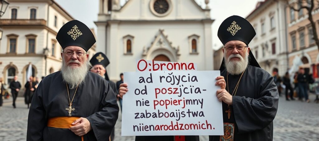 Grupa biskupów sedevacantistów w tradycyjnych ornatach protestujących przed kościołem z transparentem 'Obrona życia od poczęcia'