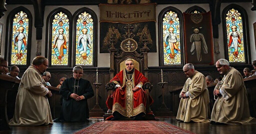 Zdjęcie przedstawiaje tradycyjny kościół polski z biskupami Tadeuszem Wojdą, Józefem Kupnym i Markiem Marczakiem klęczącymi przed tronem na którym siedzi postać przypominająca Leona XIV.