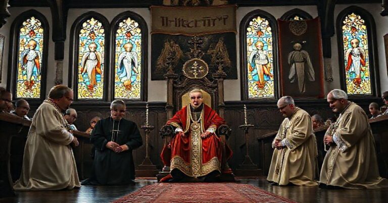 Zdjęcie przedstawiaje tradycyjny kościół polski z biskupami Tadeuszem Wojdą, Józefem Kupnym i Markiem Marczakiem klęczącymi przed tronem na którym siedzi postać przypominająca Leona XIV.