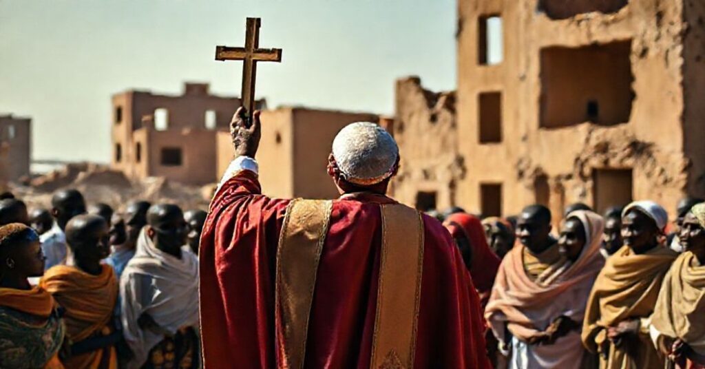 Tradycyjny katolicki biskup w pełnym stroju liturgicznym modli się przed ludnością sudaneńską na tle zniszczonych budynków wojennych. Scena podkreśla brak uznania królewskiej władzy Chrystusa w współczesnych podejściach do kryzysu.