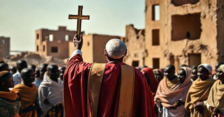 Tradycyjny katolicki biskup w pełnym stroju liturgicznym modli się przed ludnością sudaneńską na tle zniszczonych budynków wojennych. Scena podkreśla brak uznania królewskiej władzy Chrystusa w współczesnych podejściach do kryzysu.