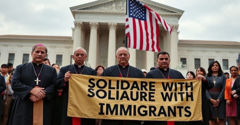 Grupa biskupów w tradycyjnych szatach kościelnych stoi przed sądem w Teksasie, trzymając transparent popierający nielegalnych imigrantów w ramach programu DACA.
