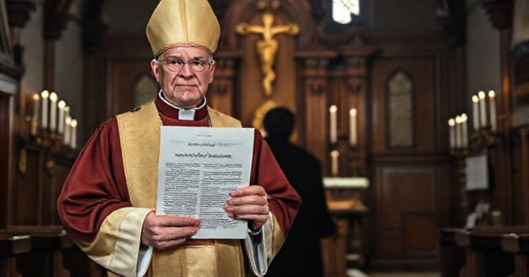 Biskup w tradycyjnych szatach liturgicznych trzyma dokument z apelem w obronie autorytetu przed historycznym ołtarzem w ciemnym kościele, z rozmytą postacią Karola Wojtyły na tle.