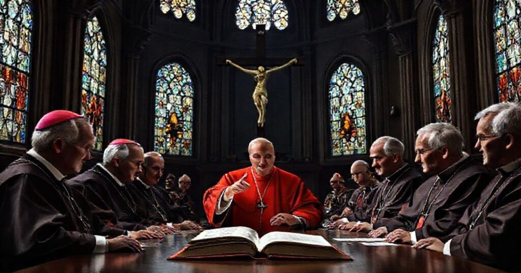 Wnętrze soboru z biskupami dyskutującymi nad dokumentem COMECE na tle krzyża