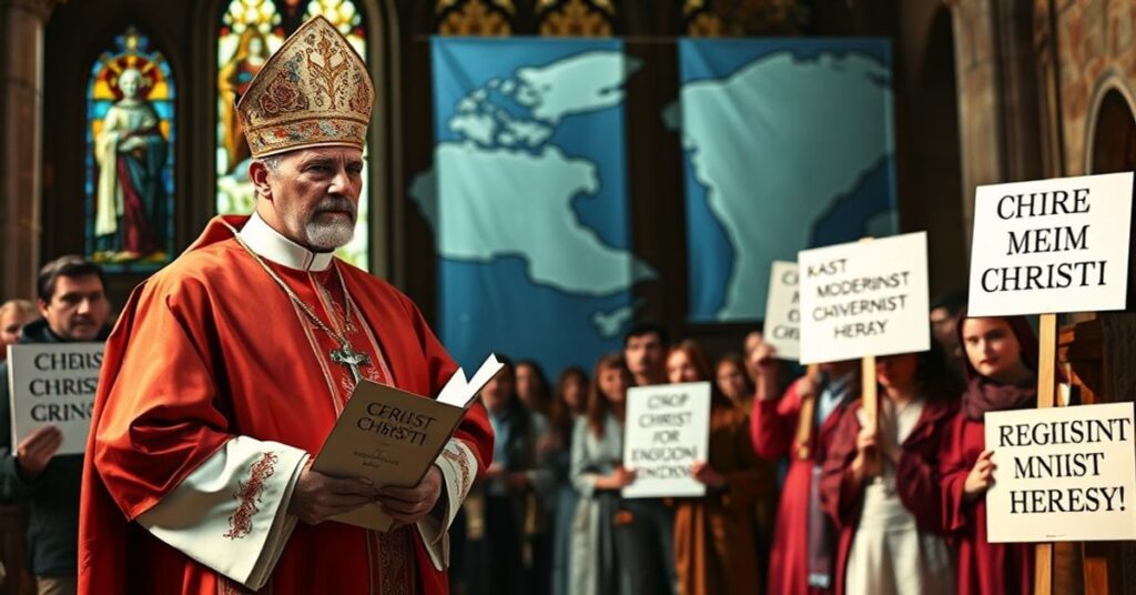 Biskup katolicki w tradycyjnych szatach liturgicznych stoi przed grupą wiernych, symbolizując konflikt między nauczaniem Kościoła o Królestwie Chrystusa a nowoczesnym naturalizmem geopolitycznym. Scena rozgrywa się w ciemnej kościele z witrażami przedstawiającymi Chrystusa-Króla na tle współczesnej mapy Grenlandii.