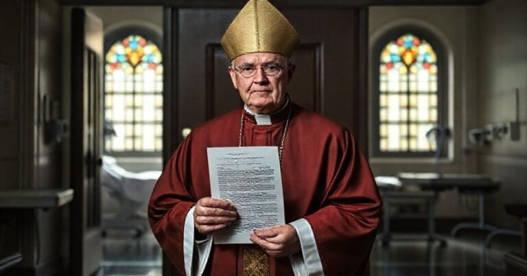 Biskup w pełnym stroju liturgicznym trzyma dokument USCCB przed zamkniętymi drzwiami kościoła, w tle opuszczona salka szpitalna.
