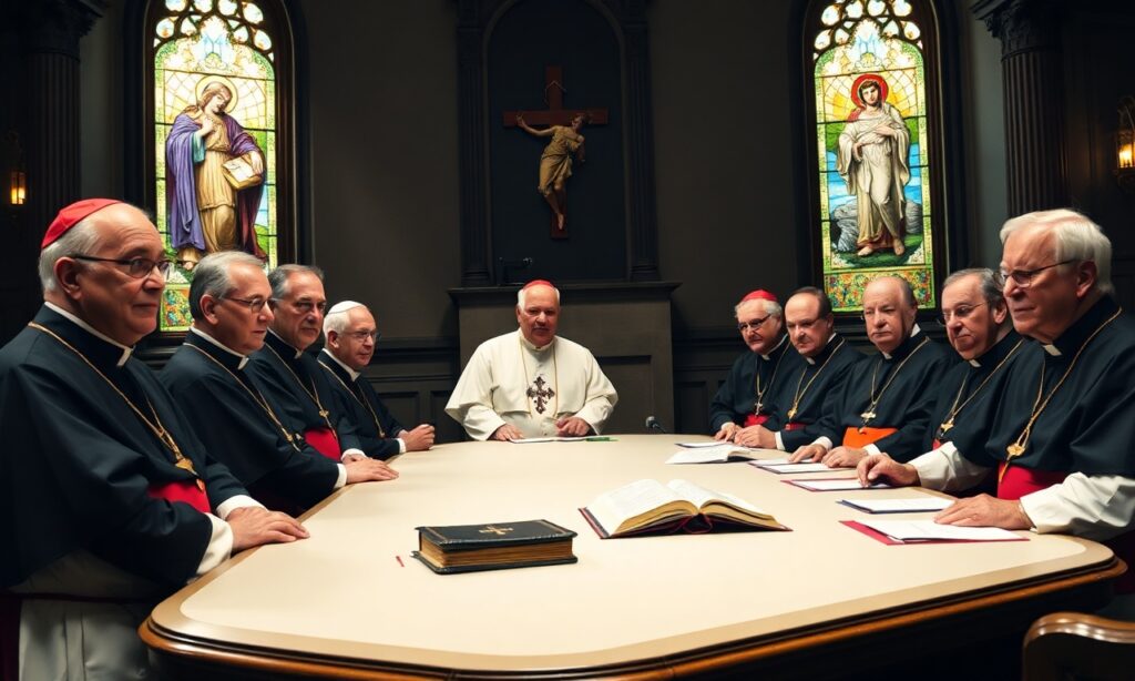 Grupa amerykańskich biskupów z USCCB w tradycyjnym kościele katolickim podczas spotkania dotyczącego sprzeciwu wobec ustawy HOPE