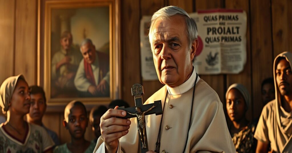 Biskup w tradycyjnych szatach liturgicznych przemawia do grupy haitańskich migrantów przy granicy USA