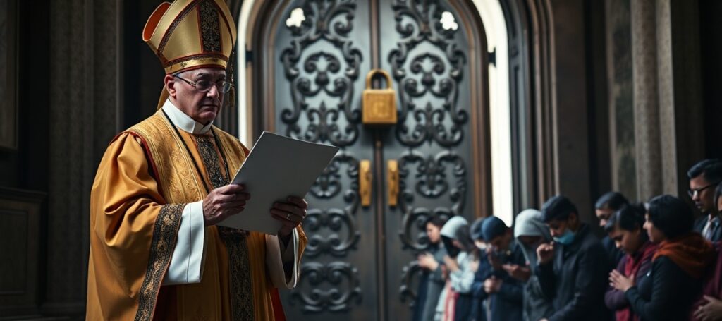 Biskup w tradycyjnych szatach liturgicznych stoi przed zamkniętymi drzwiami kościoła z napisem 'USCCB', trzymając list do Kongresu. Na tle modlący się imigranci symbolizują brak sakramentalnego podejścia do problemu migracji.