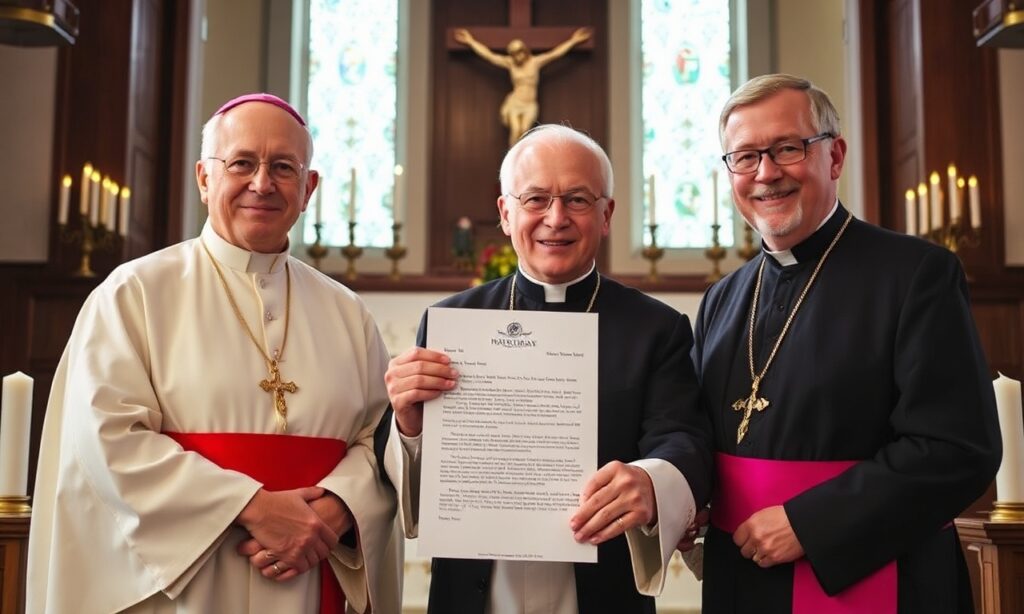 Trzej biskupi z USCCB stoją w tradycyjnym kościele katolickim z krzyżem i świecami na tle. Trzymają list do Kongresu sprzeciwiający się ustawie HOPE z usługami reprodukcyjnymi (HR 8119). Scena jest oświetlona naturalnym światłem podkreślającym powagę i powagę ich stanowiska przeciwko zapłodnieniu in vitro (IVF).