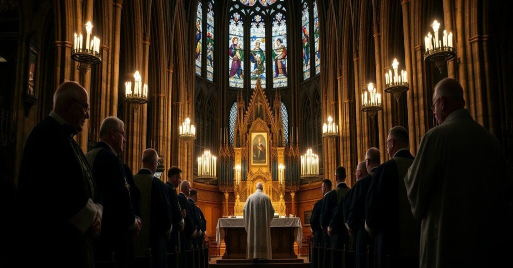 Grupa biskupów w tradycyjnym wnętrzu katedry w strojach liturgicznych wspólnie modli się przed ołtarzem