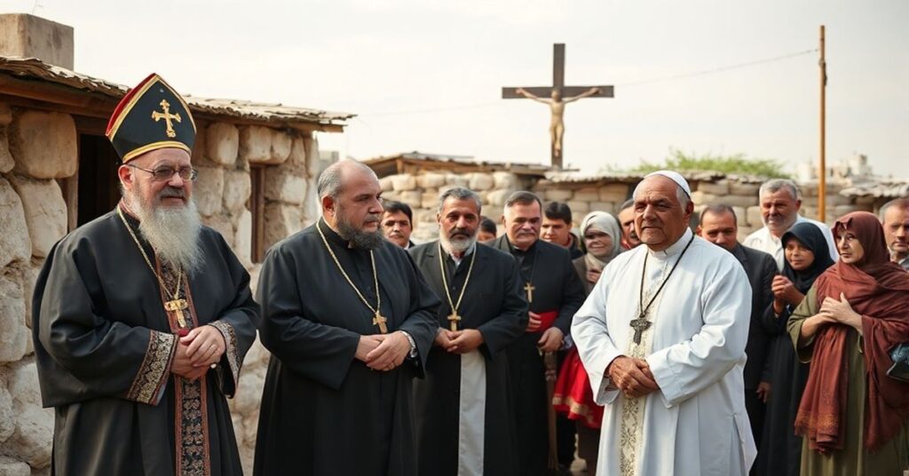 Grupa biskupów w tradycyjnych szatach liturgicznych w palestyńskiej wiosce Taybeh, otoczona miejscowymi chrześcijanami modlącymi się za pokój i prawdziwą misję ewangelizacyjną.
