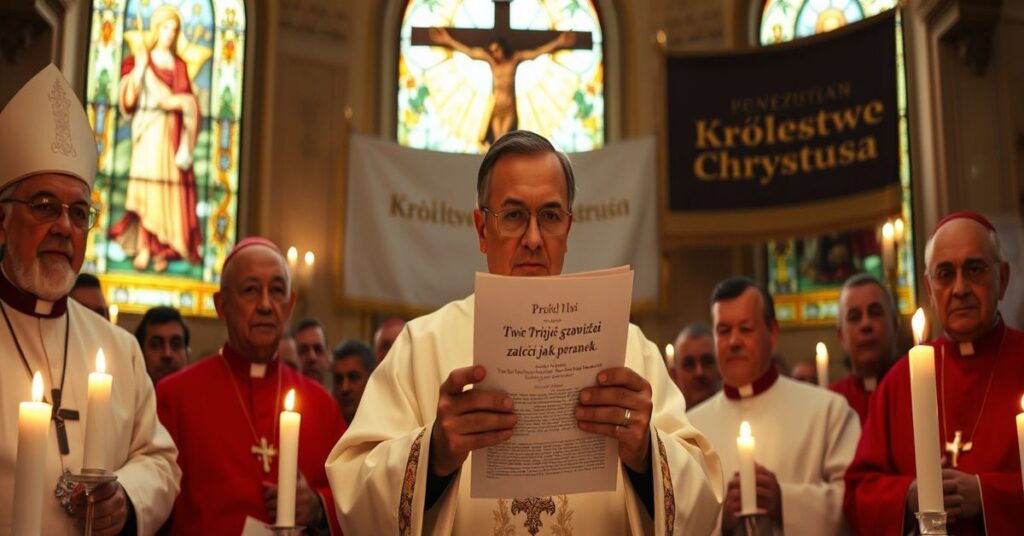 Biskupi wenezuelscy w pełnych szatach liturgicznych zebrani w kaplicy z napisem 'Królestwo Chrystusa'