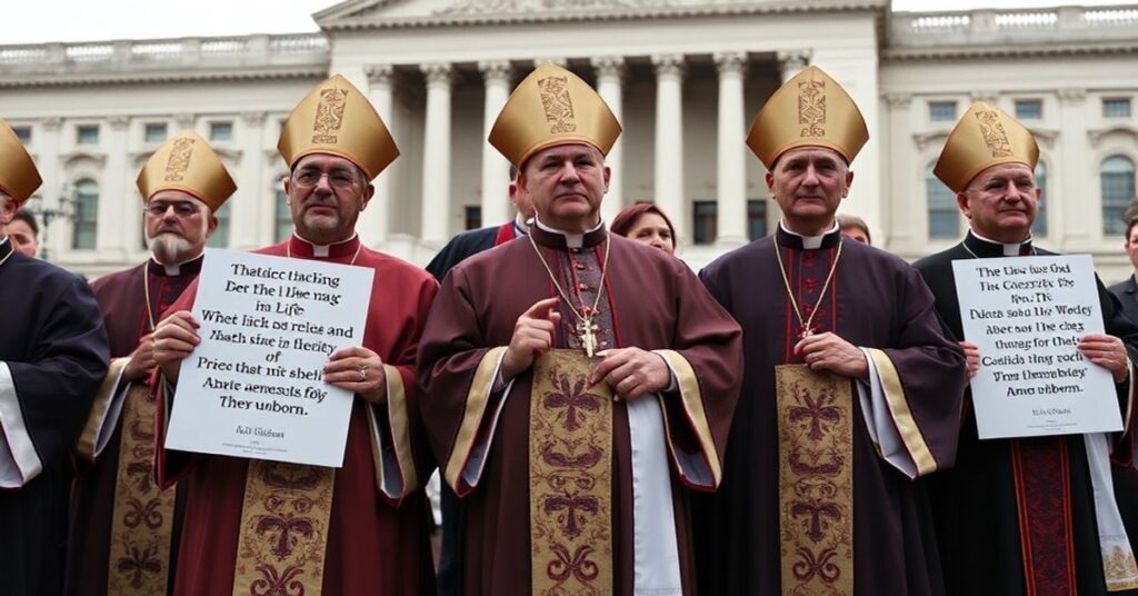 Biskupi w tradycyjnych szatach liturgicznych stojący przed budynkiem Kapitolu Stanów Zjednoczonych w Wirginii, protestujący przeciwko zmianom w prawie aborcyjnym.