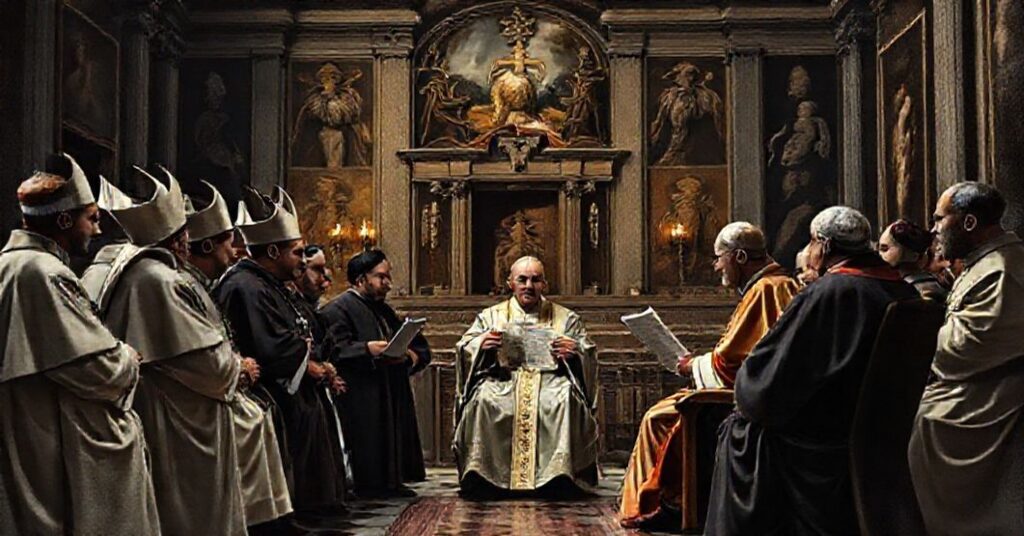 Grupa biskupów w Watykanie przedstawia list fałszywemu zwierzchnikowi Kościoła.