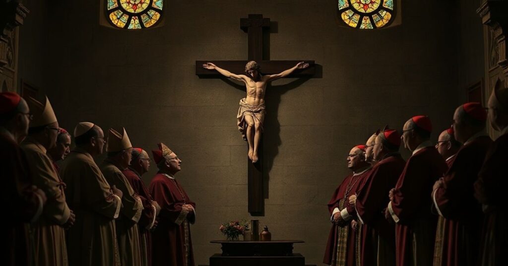 Biskupi w tradycyjnych liturgicznych szatach stoją w ciemnej kaplicy przed krzyżem, z obawą i modlitwą na twarzach. W tle witraże przedstawiają konflikt w Ziemi Świętej.