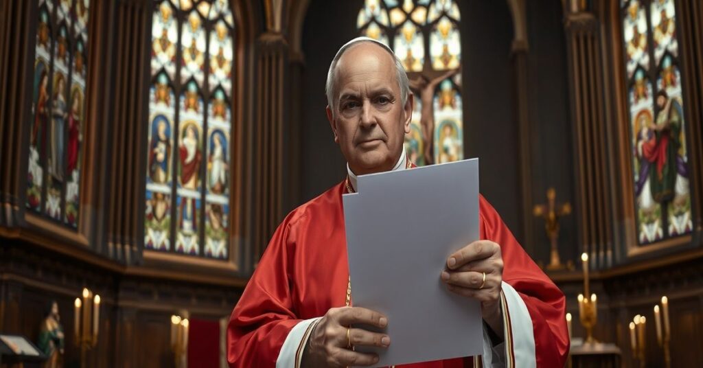 Realistyczny obraz biskupa w tradycyjnych szatach liturgicznych w katedrze z listem w ręku, symbolizujący kolaborację z heretyckimi biskupami niemieckimi.