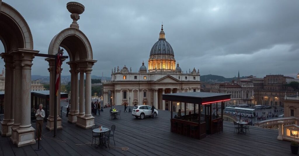 Smutna scena na Watykanie przedstawiająca dach Bazyliki Św. Piotra z częściowo wybudowanym bistrem. Obraz ukazuje kontrast między sakralnym a profanum, z tradycyjnymi elementami katolickimi w tle a współczesnymi elementami gastronomii na pierwszym planie.