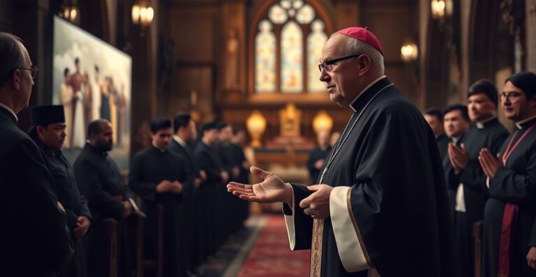 Biskup ełcki w stroju liturgicznym przemawia do kapłanów w kościele, krytykując modernistyczne nauki i synkretyzm religijny.