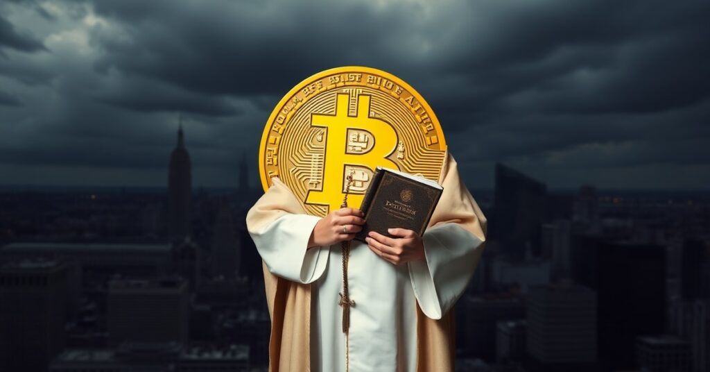 Ksiądz w tradycyjnych szatach liturgicznych stoi przed rozbijającym się logo Bitcoina, symbolizującym duchową pustkę nowoczesnych systemów finansowych.