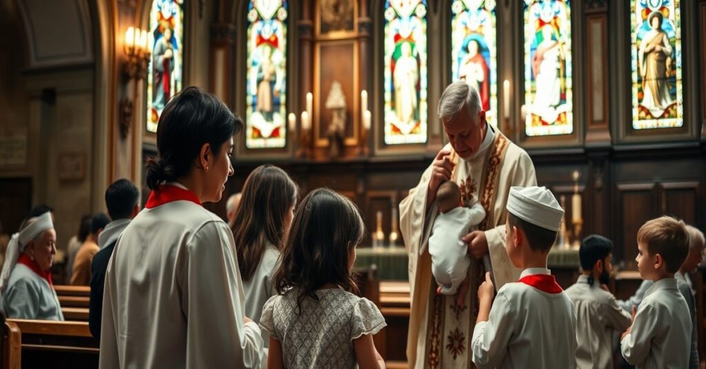 Tradycyjna katolicka msza z dziećmi, kładąca nacisk na sakrament chrztu i ważność zbawienia duszy.