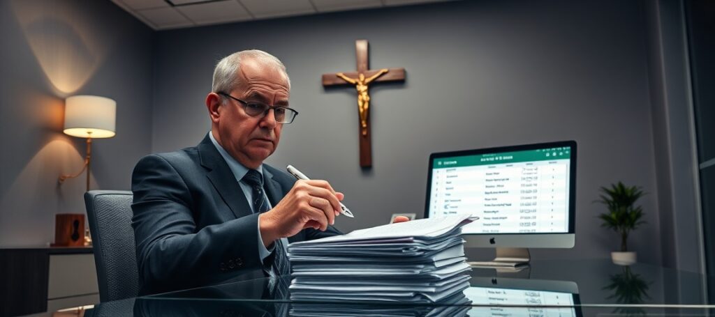 Starszy mężczyzna wypełniający biurokratyczne dokumenty do pseudoseminarium posoborowego - obraz krytyki z perspektywy tradycyjnego katolicyzmu