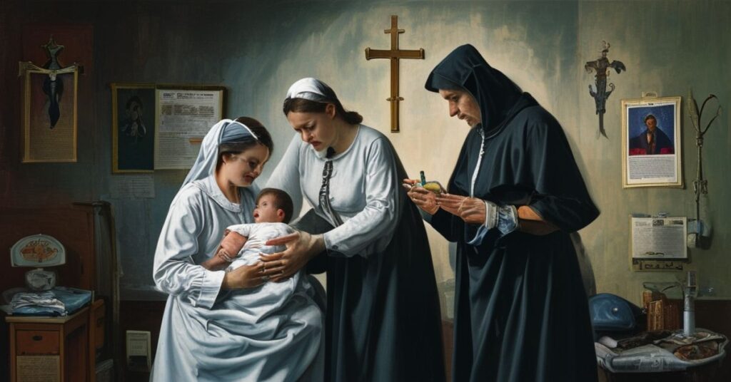 Matka trzymająca niemowlą w szpitalu z pielęgniarką przygotowującą szczepienie BCG na tle biurokratycznego nacisku