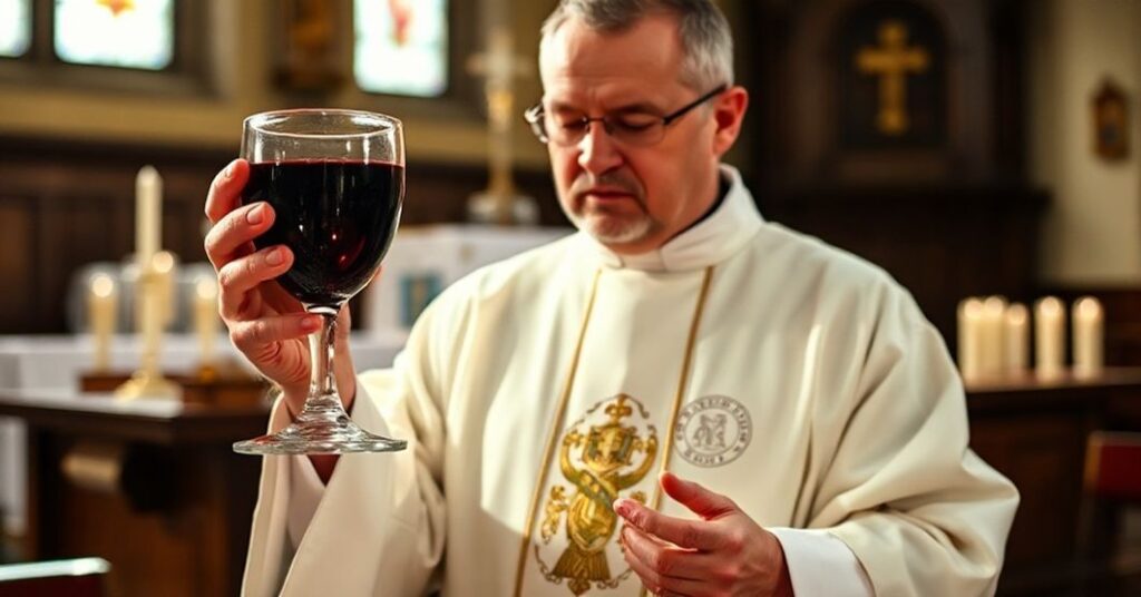 Kapłan trzymający kielich z winem mszalnym z herbem biskupa podczas mszy w tradycyjnym koście katolickim. Scena jest poważna i godna z uwagi na sakramentalny kontekst.
