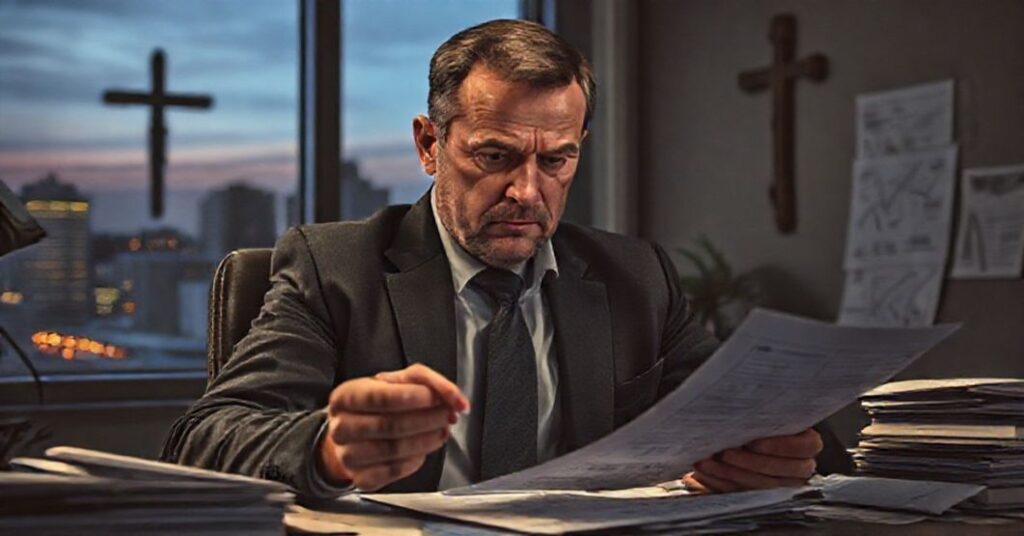 Portret biznesmena w ciemnym biurze obliczającego koszty leasingu samochodu dostawczego Volkswagen, z kontrastem między materializmem a zaniedbaną wiarą.