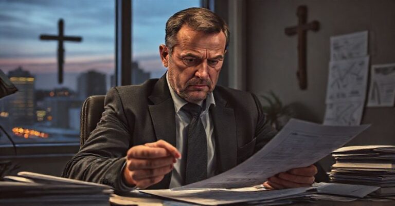 Portret biznesmena w ciemnym biurze obliczającego koszty leasingu samochodu dostawczego Volkswagen, z kontrastem między materializmem a zaniedbaną wiarą.