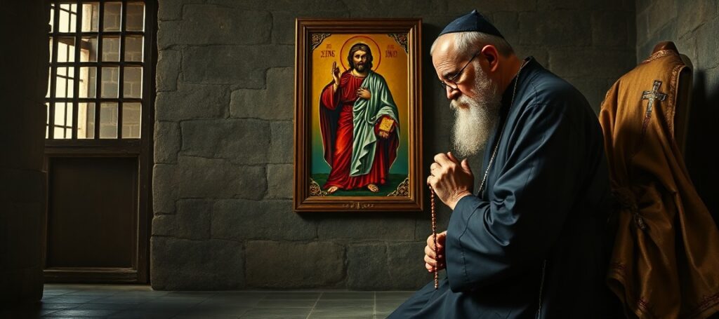 Portret błogosławionego Vasiľa Hopko w modlitwie przed ikoną Chrystusa Króla w ciemnej celi więziennej