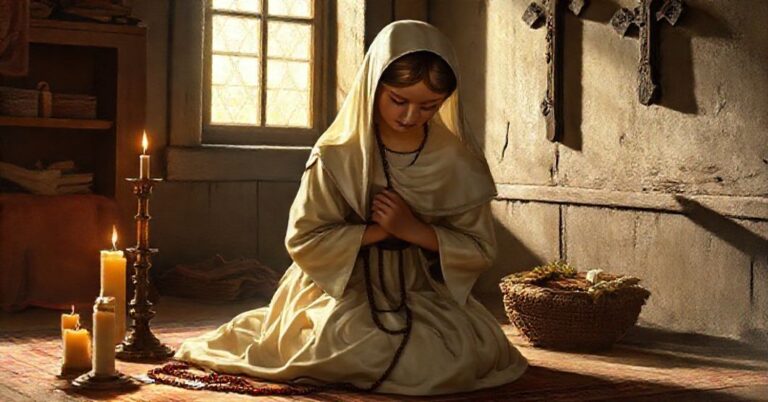 Obraz przedstawiający błogosławioną Karolinę Kózkę w modlitwie, otoczoną tradycyjnymi katolickimi symbolami.