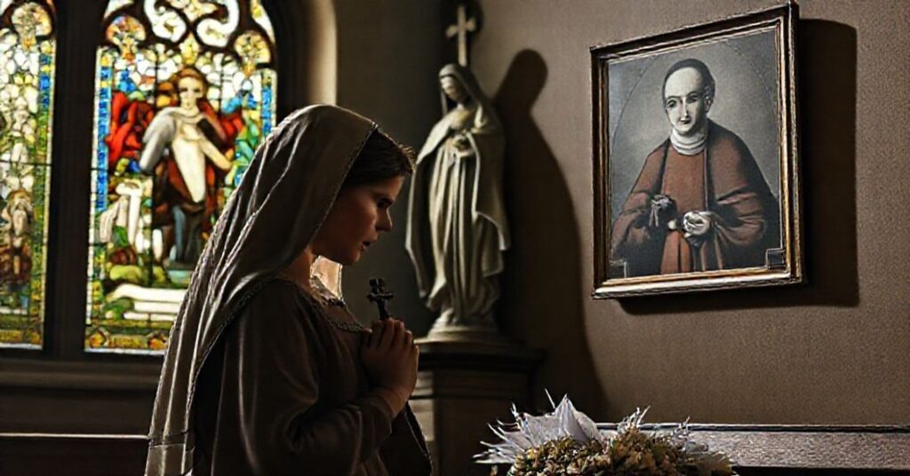 Cichy i wzruszający obraz przedstawiający młodą Polkę Karolę Kózkównę w tradycyjnym kościele katolickim, modlącącą się przed rzeźbą Matki Boskiej.
