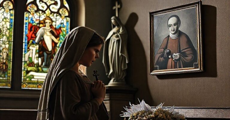 Cichy i wzruszający obraz przedstawiający młodą Polkę Karolę Kózkównę w tradycyjnym kościele katolickim, modlącącą się przed rzeźbą Matki Boskiej.